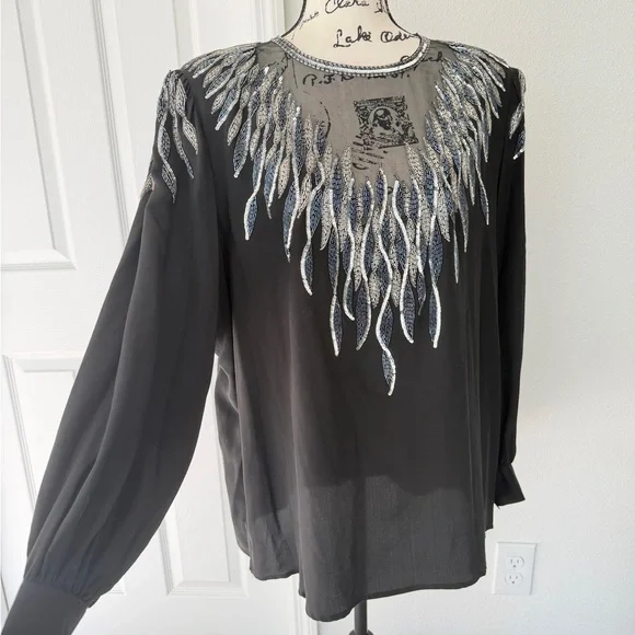 Vtg 90’s Argenti Blouse Mesh 100%Silk Beaded Black Embellished Sz 3XL Whimsigoth - Picture 14 of 16